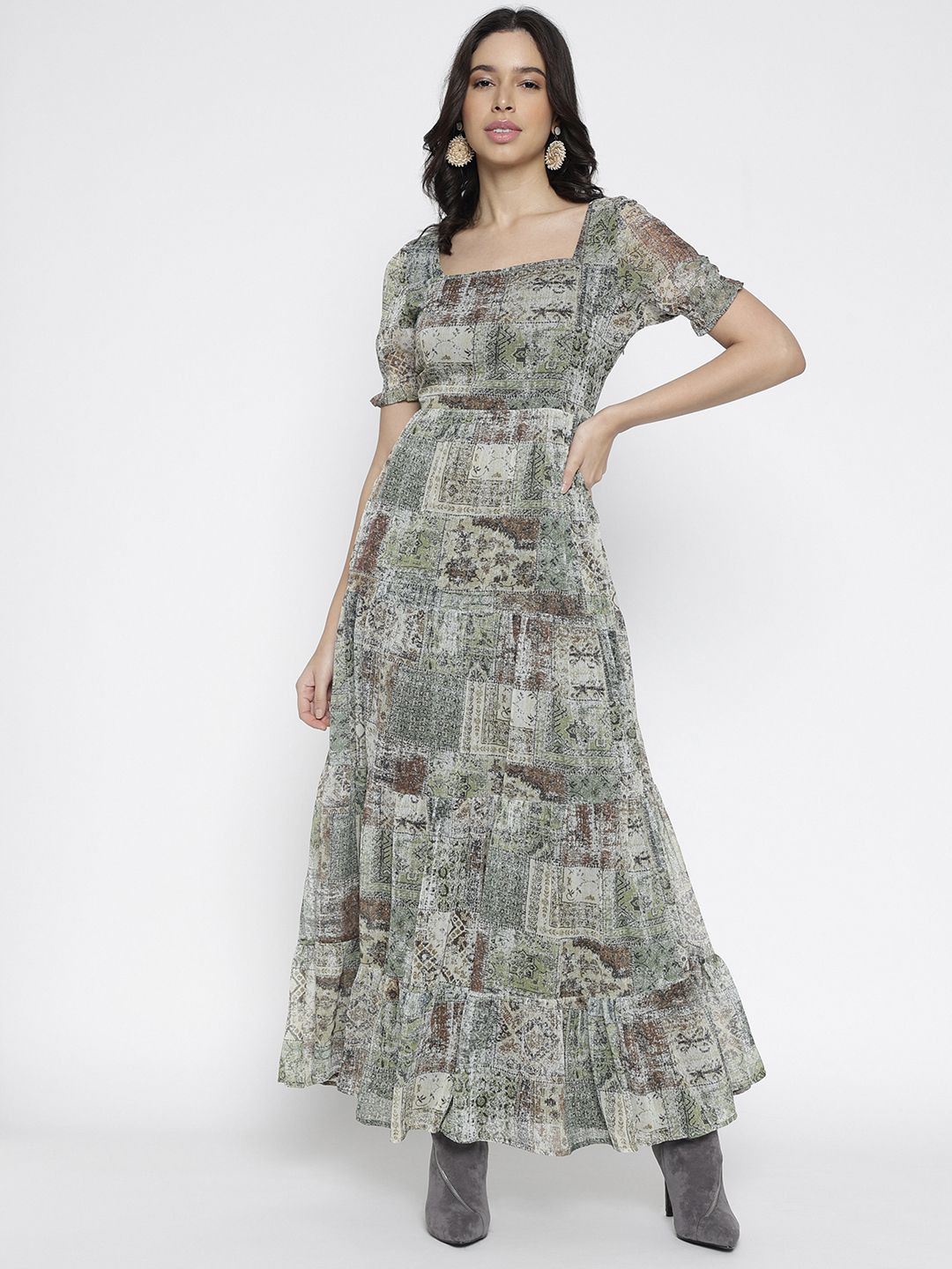 La Intimo Print Puff Sleeves Maxi Dress