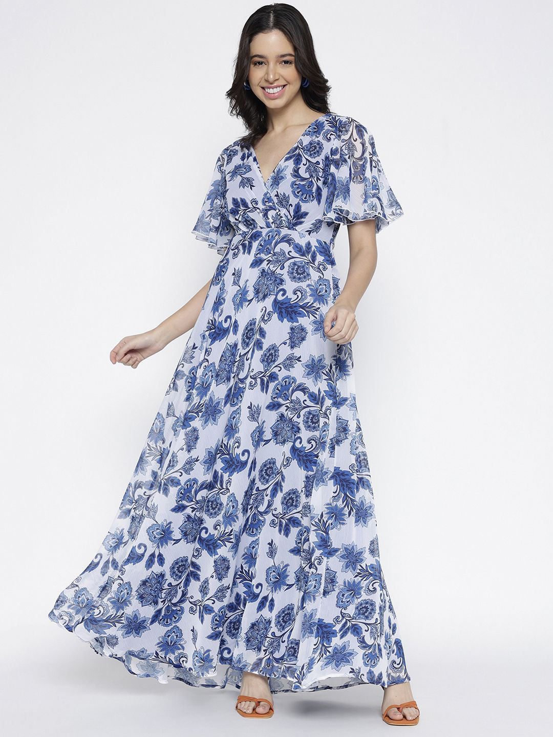 La Intimo Floral Print Flared Sleeve Chiffon Maxi Dress