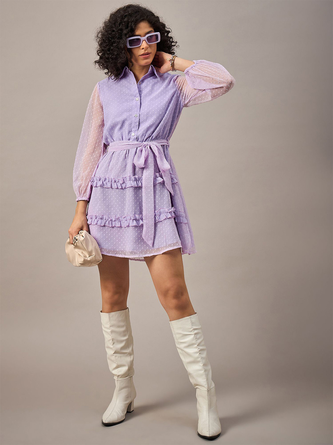 The Roadster Lifestyle Co Self Design Collared Full Sleeve Fit and Flare Dresses