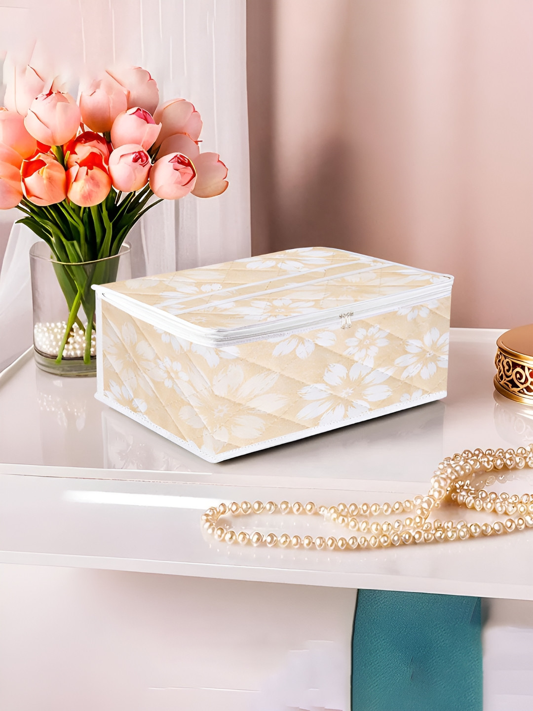 Kuber Industries Beige & White Printed Water Proof Jewellery Organiser