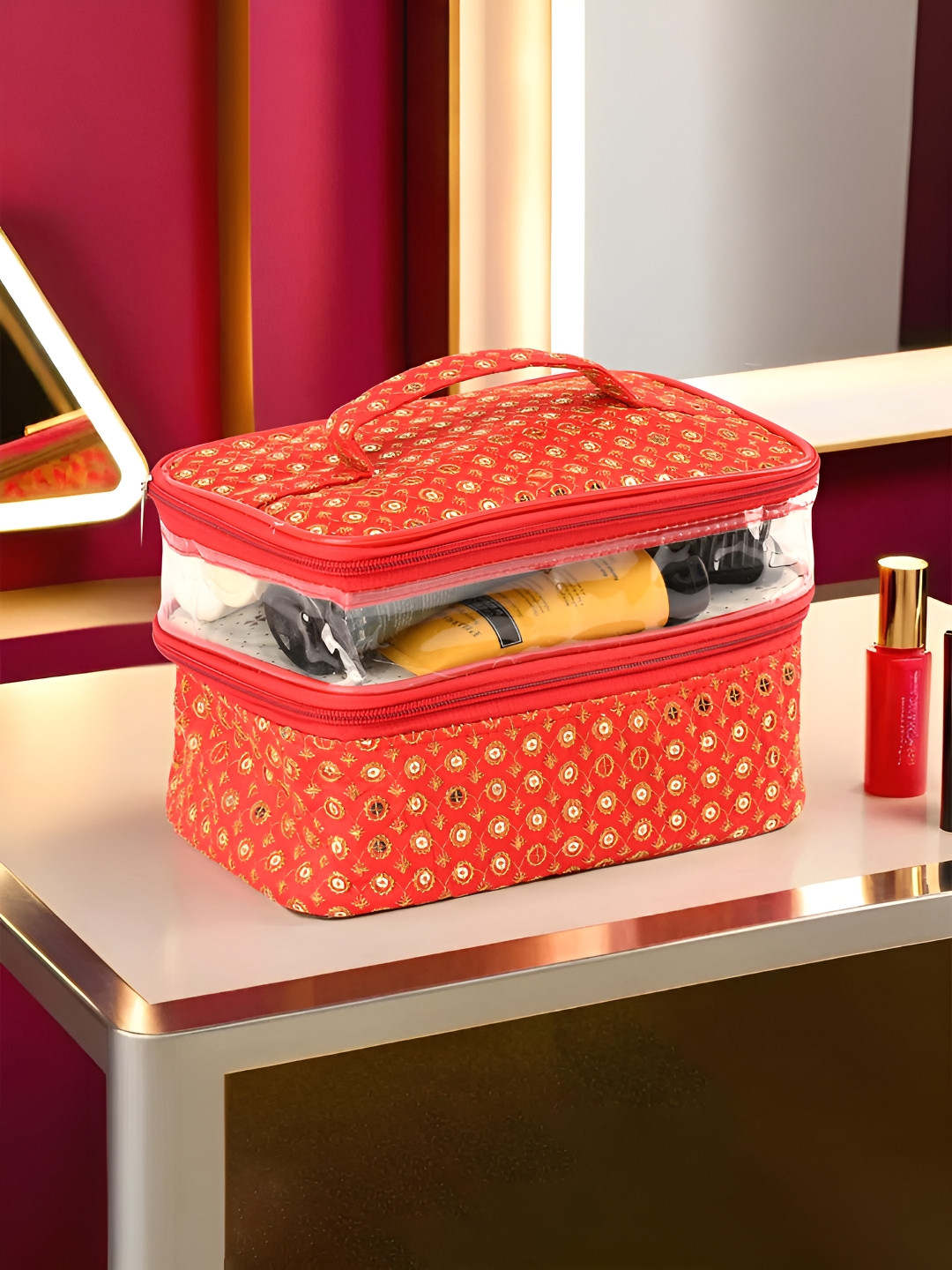Kuber Industries Red & Gold Toned Self Design Water Resistant Makeup Organiser