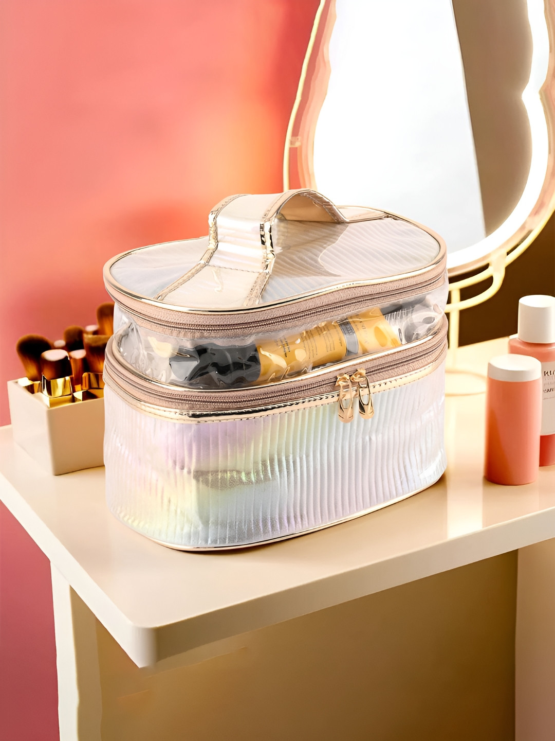 Kuber Industries Gold Toned Self Design Water Resistant Makeup Organiser