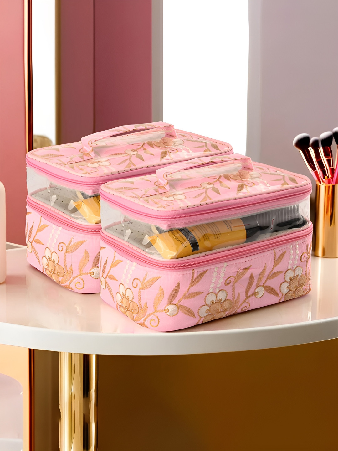 Kuber Industries Pink & Gold Toned 2 Pieces Self Design Water Resistant Makeup Organisers