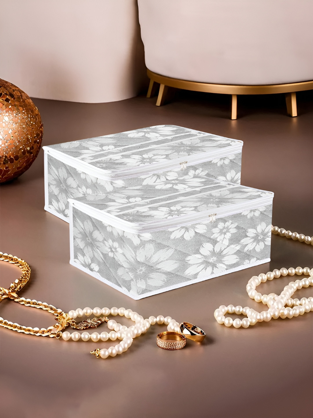 Kuber Industries Grey & White 2 Pieces Printed Water Proof Jewellery Organisers