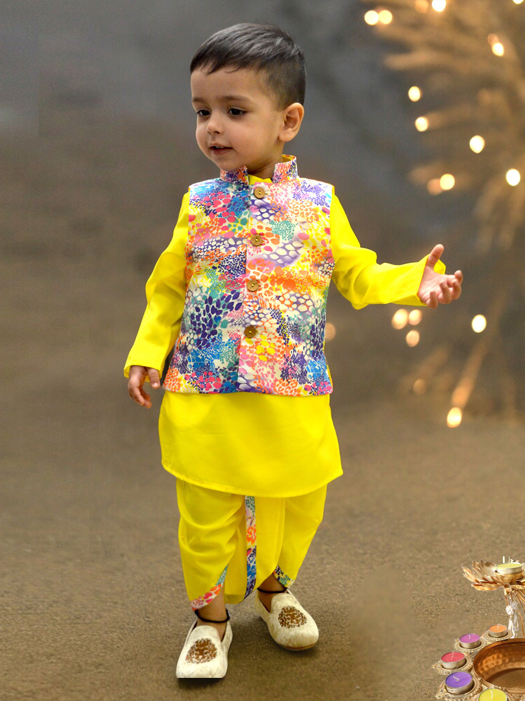 A.T.U.N. Boys Mandarin Collar Straight Kurta With Dhoti Pants & Jacket