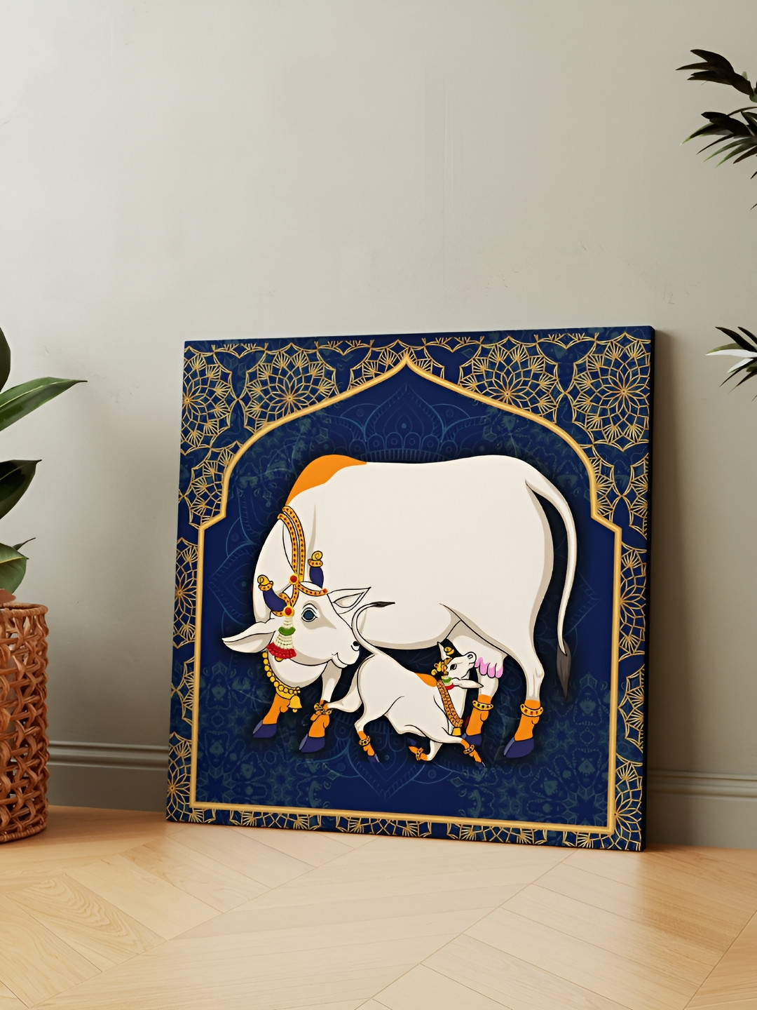 Casperme Blue Canvas Kamdhenu Cow Birds and Animals Wall Art