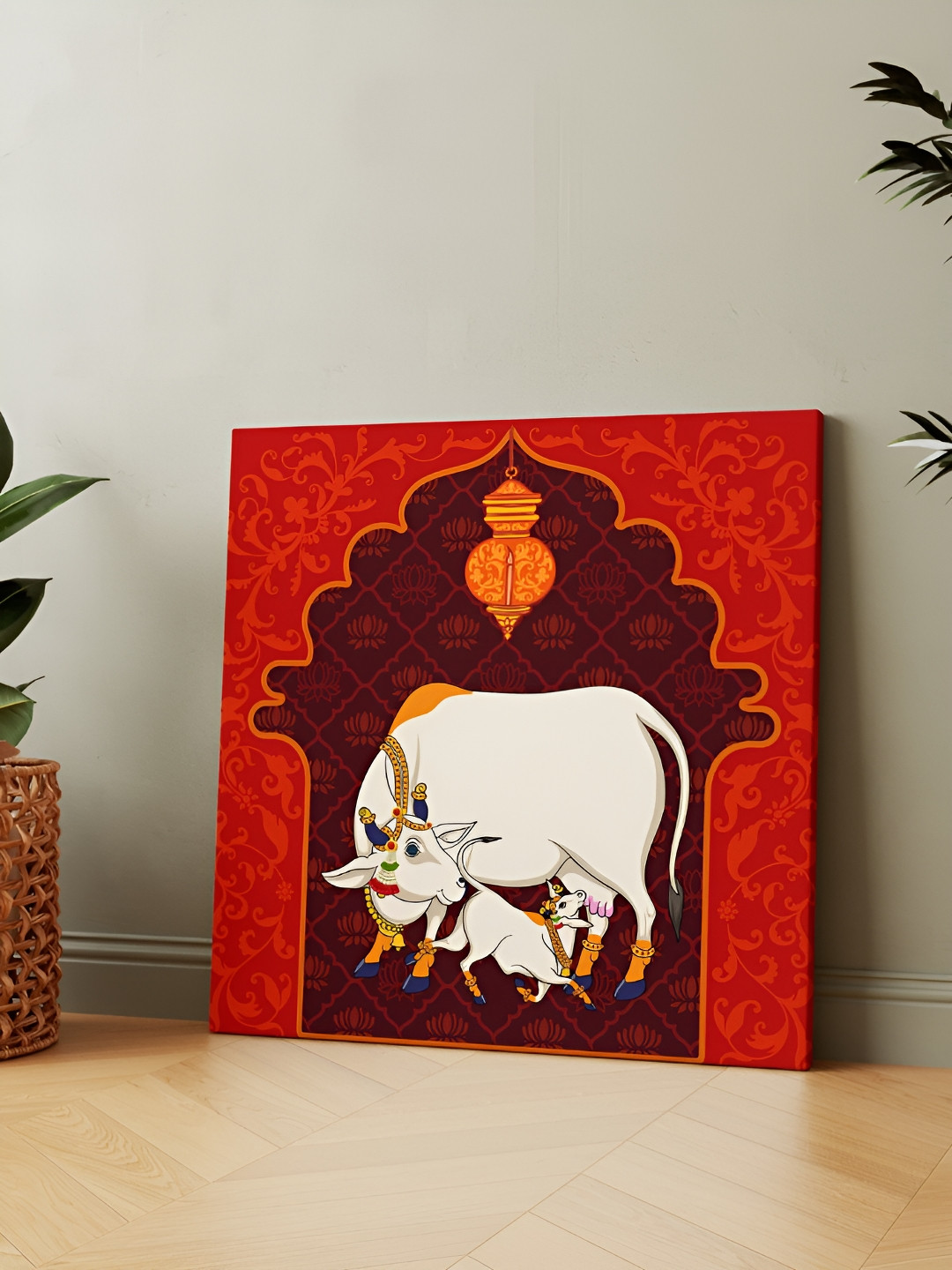 Casperme Red Canvas Kamdhenu Cow Birds and Animals Wall Art