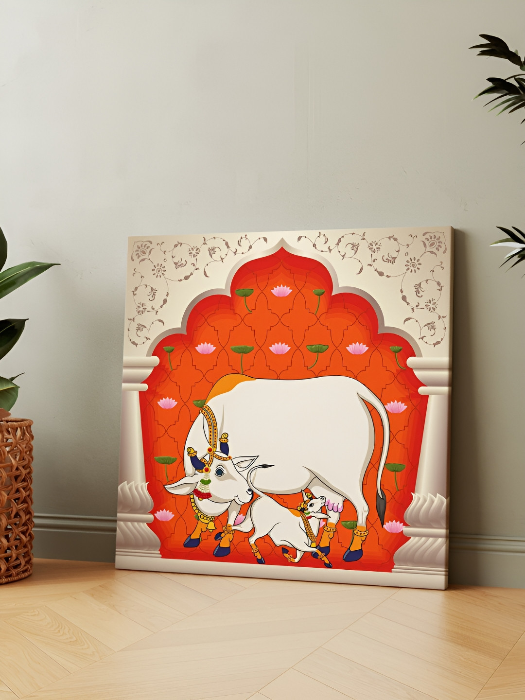 Casperme Orange Canvas Kamdhenu Cow Birds and Animals Wall Art