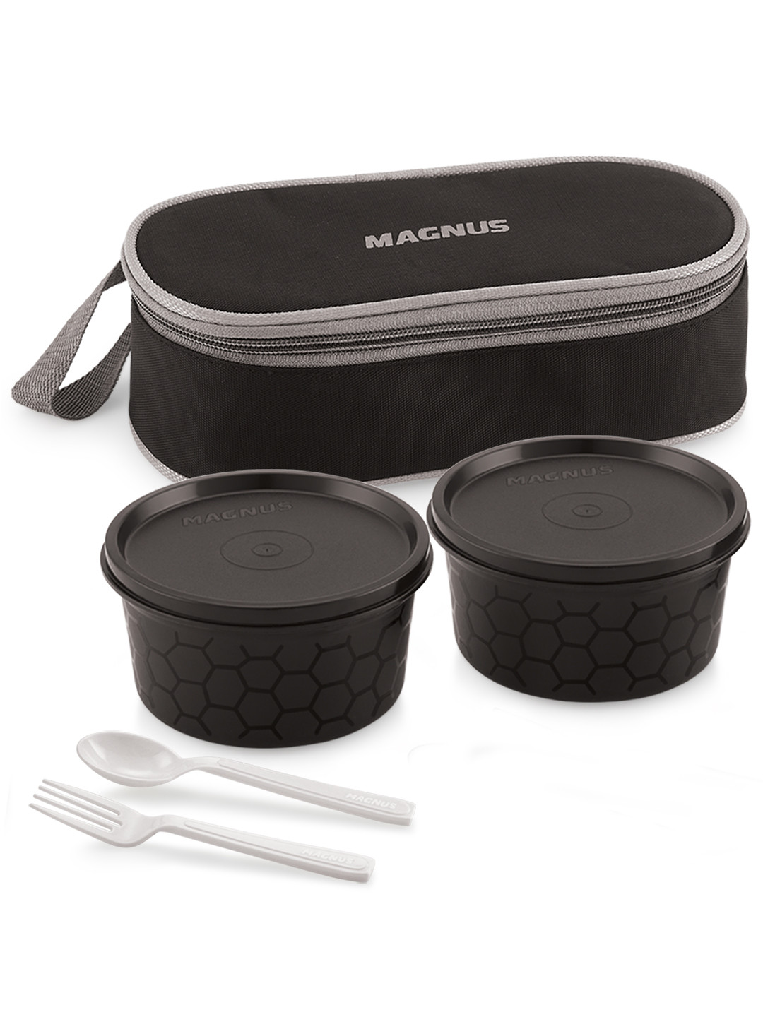 MAGNUS Feast 2 Black Solid Plastic Microwave Safe 5PCs Lunch Box With Spoon and Fork