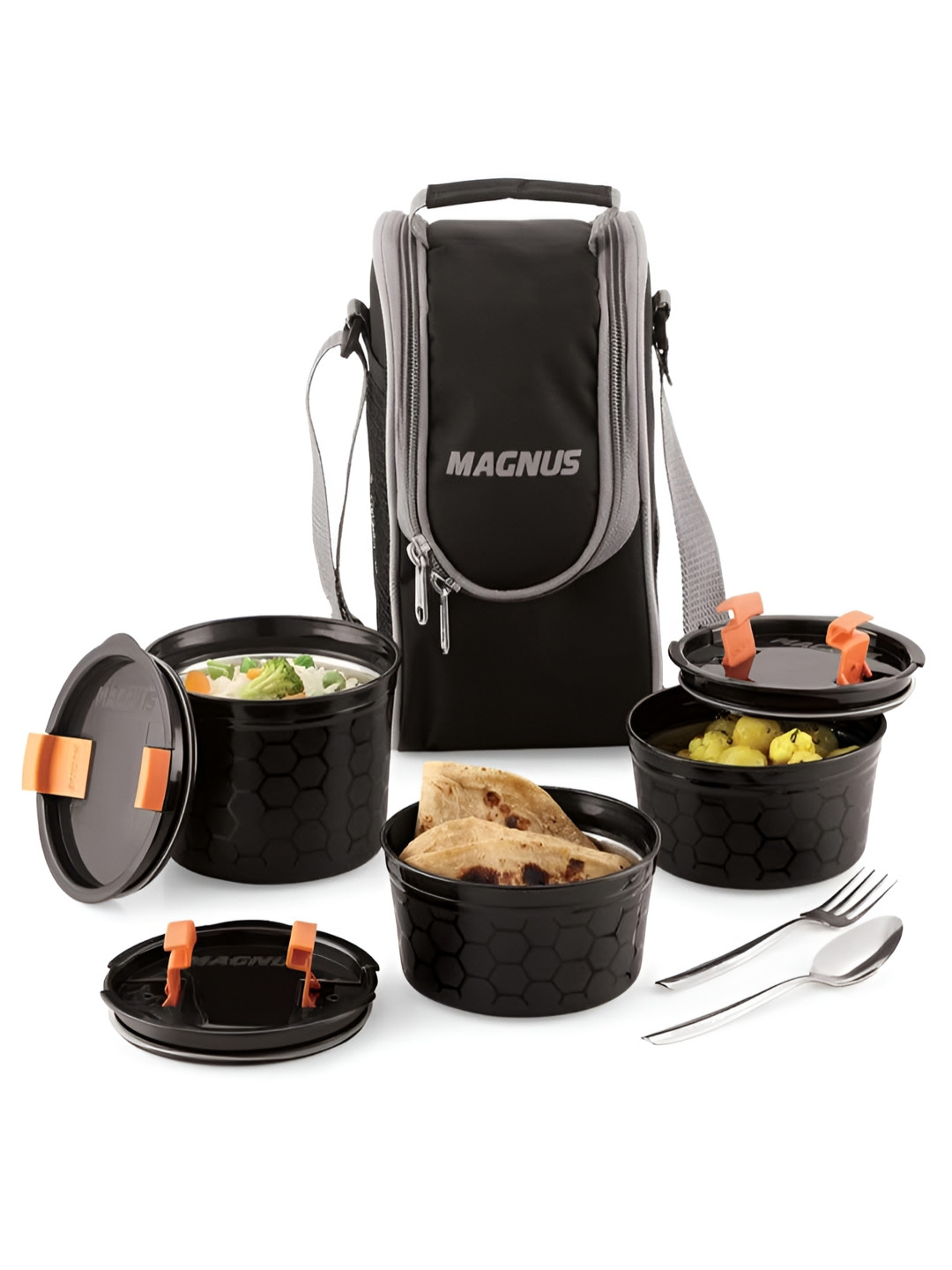 MAGNUS Black 3 Pieces Stainless Steel Lunch Box With Lunch Bag
