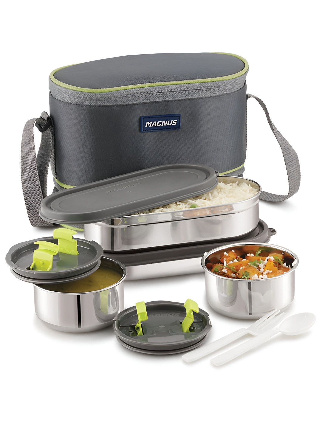 MAGNUS Leak-Proof Insulated Stainless Steel Leak Resistant 4PC Lunch Box With Spoon & Fork