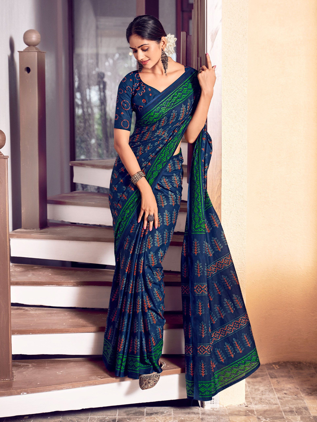 Munir Ajrak Block Pure Cotton Bagru Saree