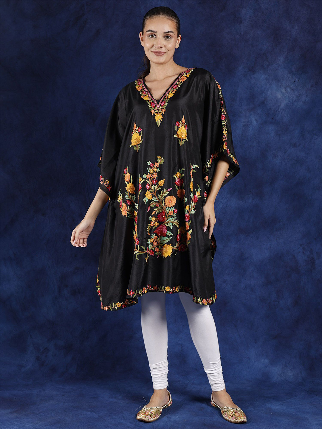 Exotic India Black Beauty Pure Silk Kashmiri Short Kaftan and Aari Embroidered Flower