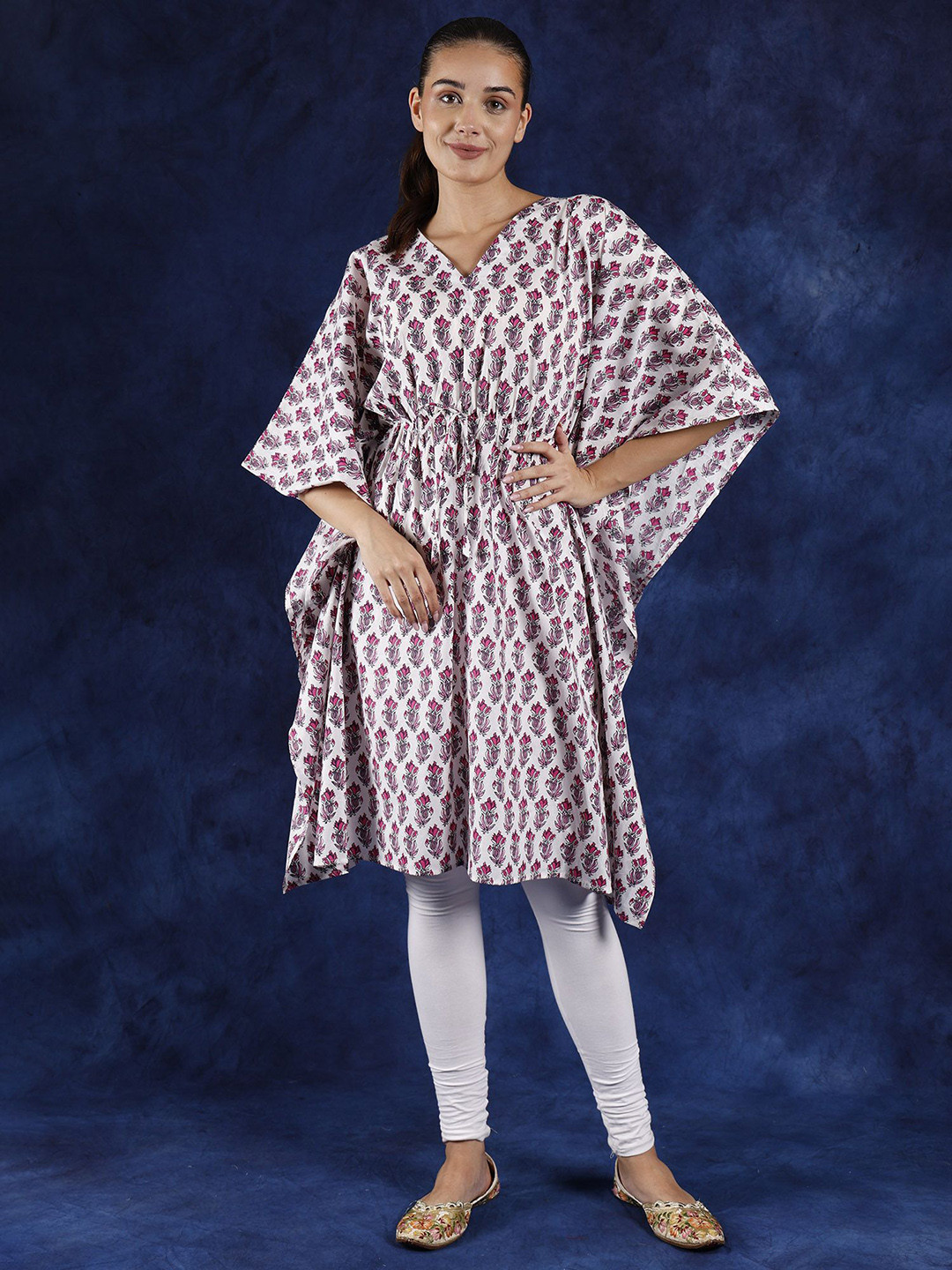 Exotic India Pure Cotton Snow White Kaftan with Printed Floral Butta