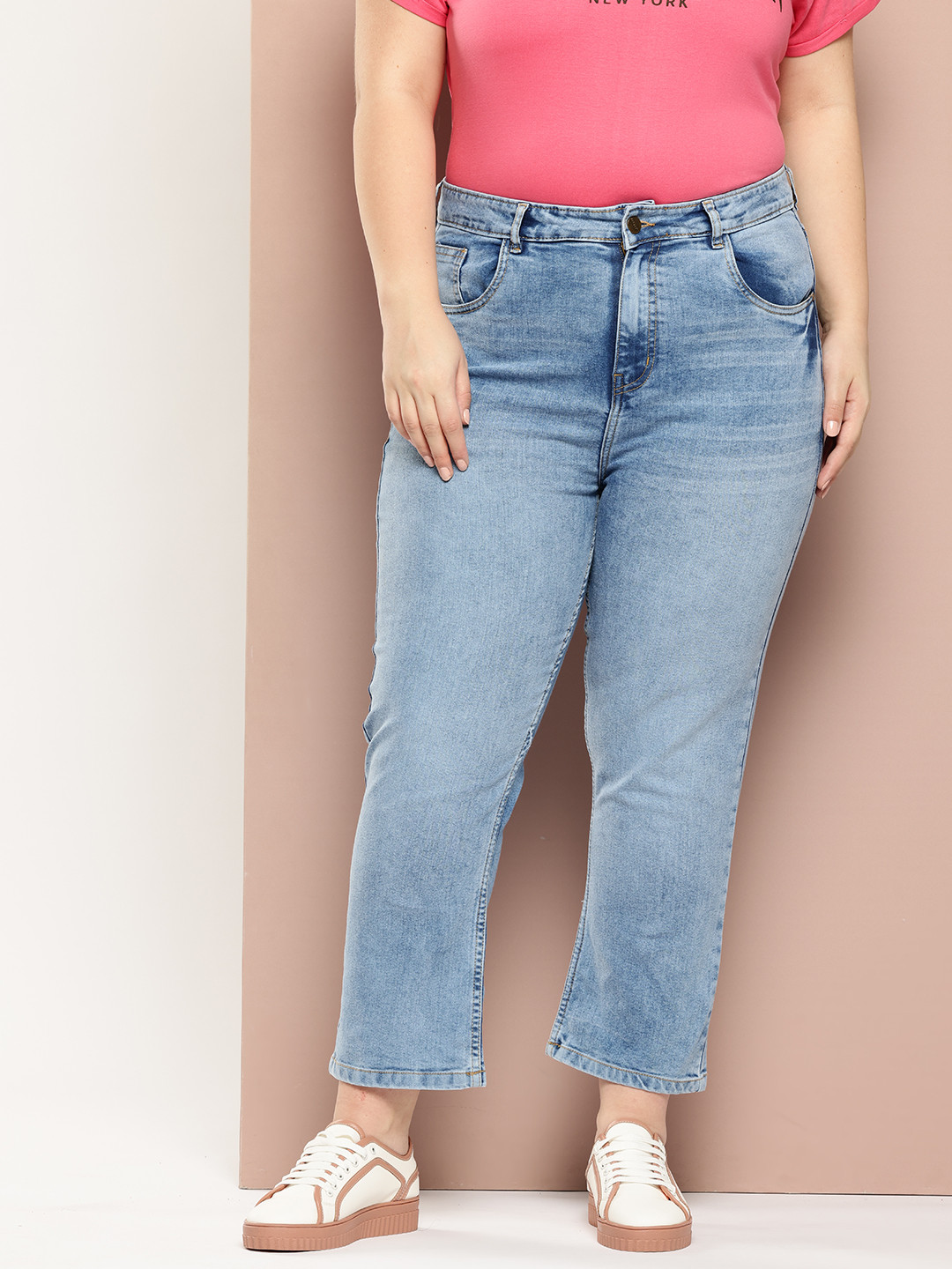 Sztori Women Plus Size Straight Fit Light Fade Stretchable Crop Jeans