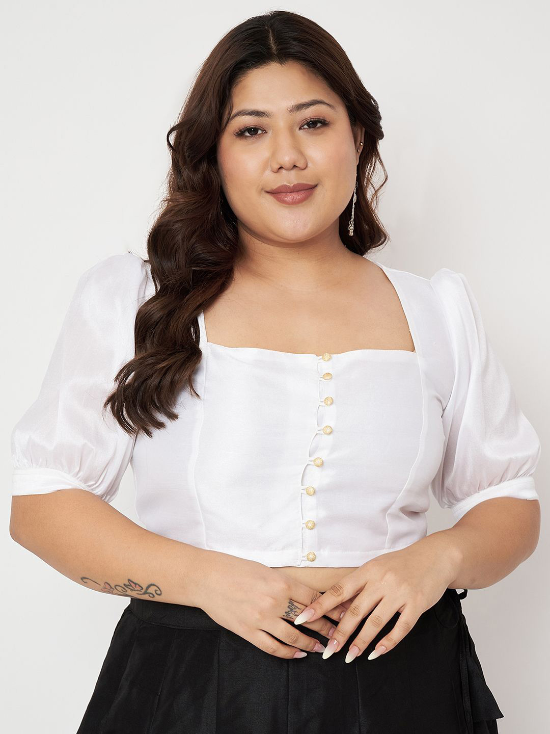 studio rasa Puff Sleeve Button Down Plus Size Crop Top