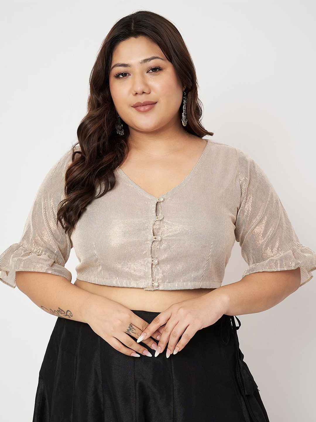 studio rasa Striped Puff Sleeve Plus Size Crop Top