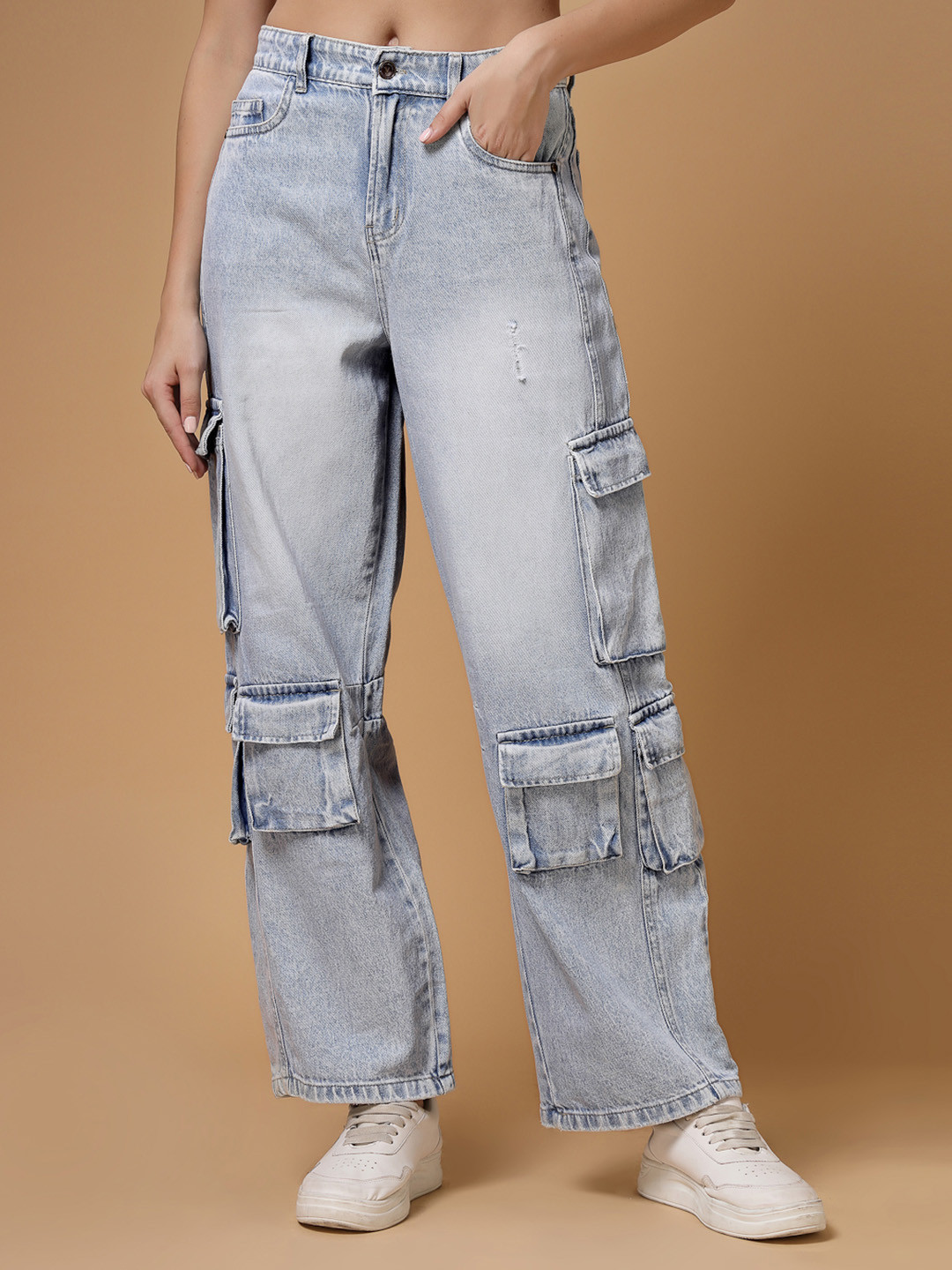 VESTIDO MODAS Women Slim Fit High-Rise Heavy Fade Cargo Jeans