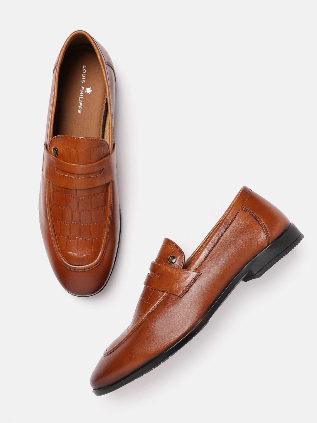 Louis Philippe Leather Croc Textured Formal Penny Loafers