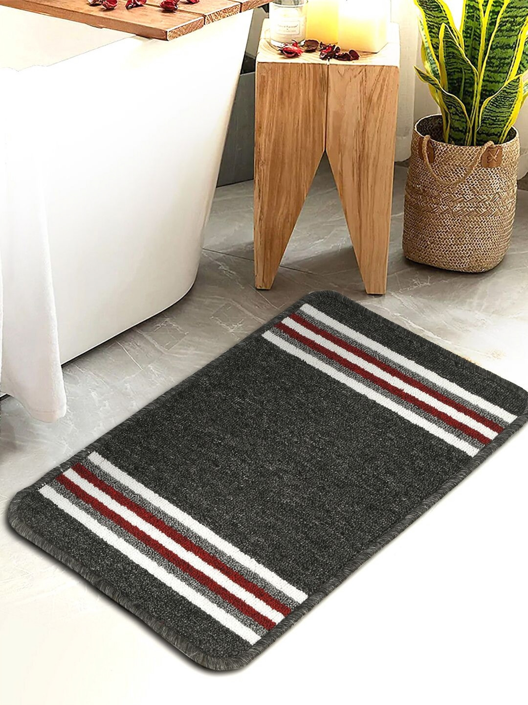 HOSTA HOMES Grey & White 280 GSM Water Absorbent Cotton Bath Rug