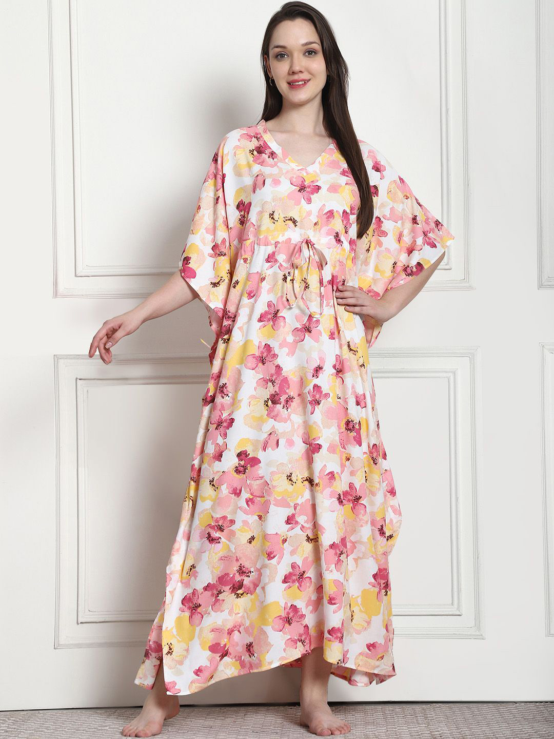 Secret Wish Floral Print Short Sleeves Maxi Kaftan Nightdress
