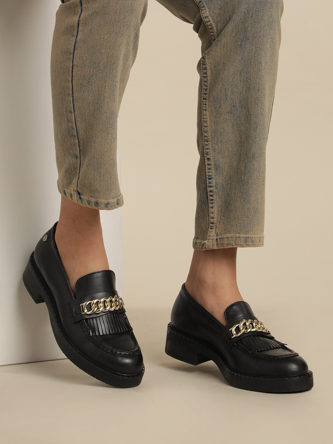 Nautica Women Leather Loafers With Metallic & Fringe Detail