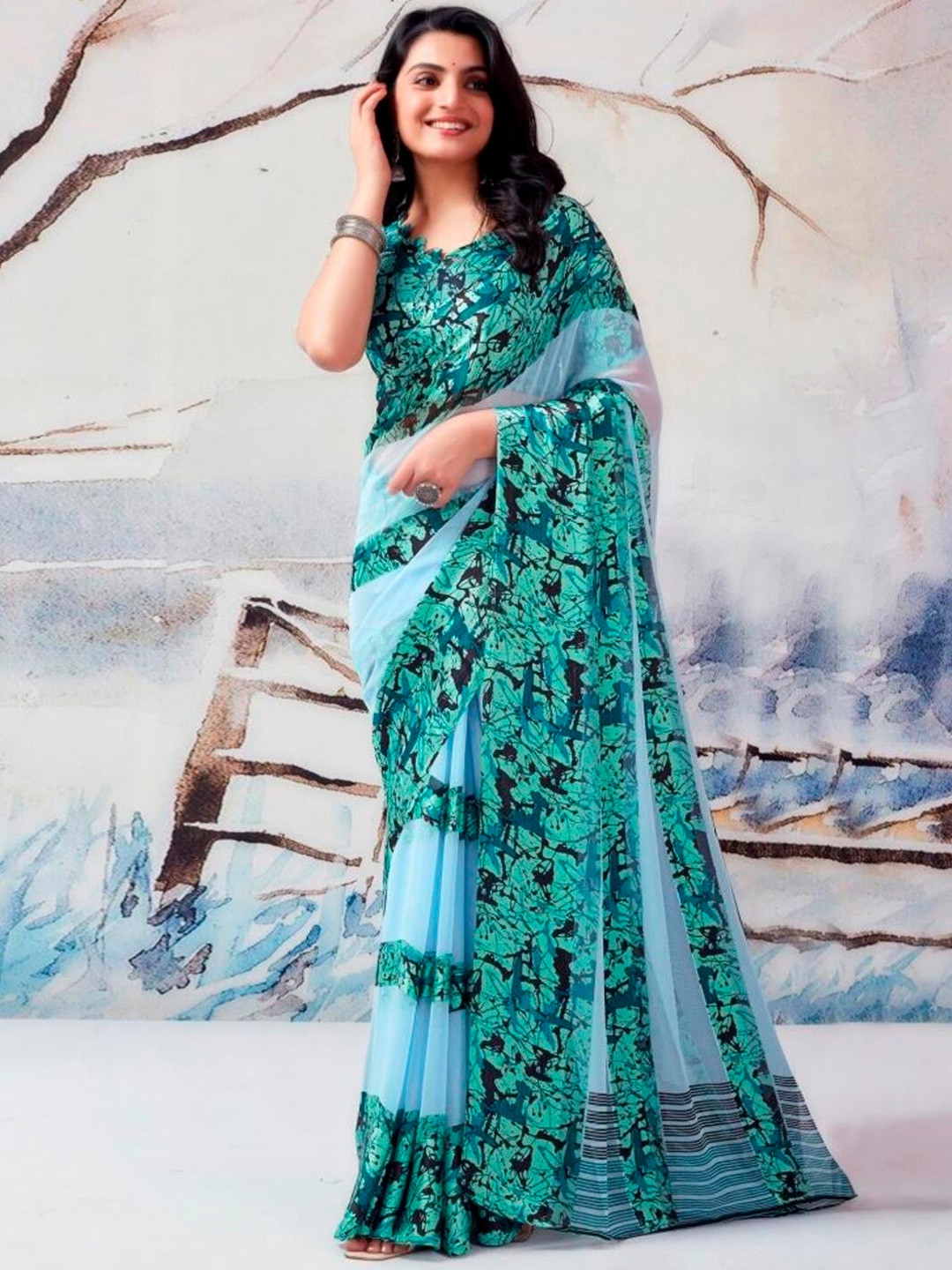 SANJANA SILK Striped Pure Georgette Saree with Blouse