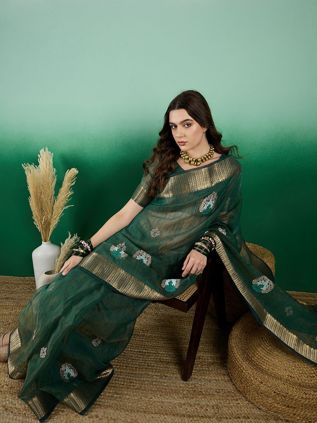 Sangria Ethnic Motif Embroidered Zari Woven Sarees