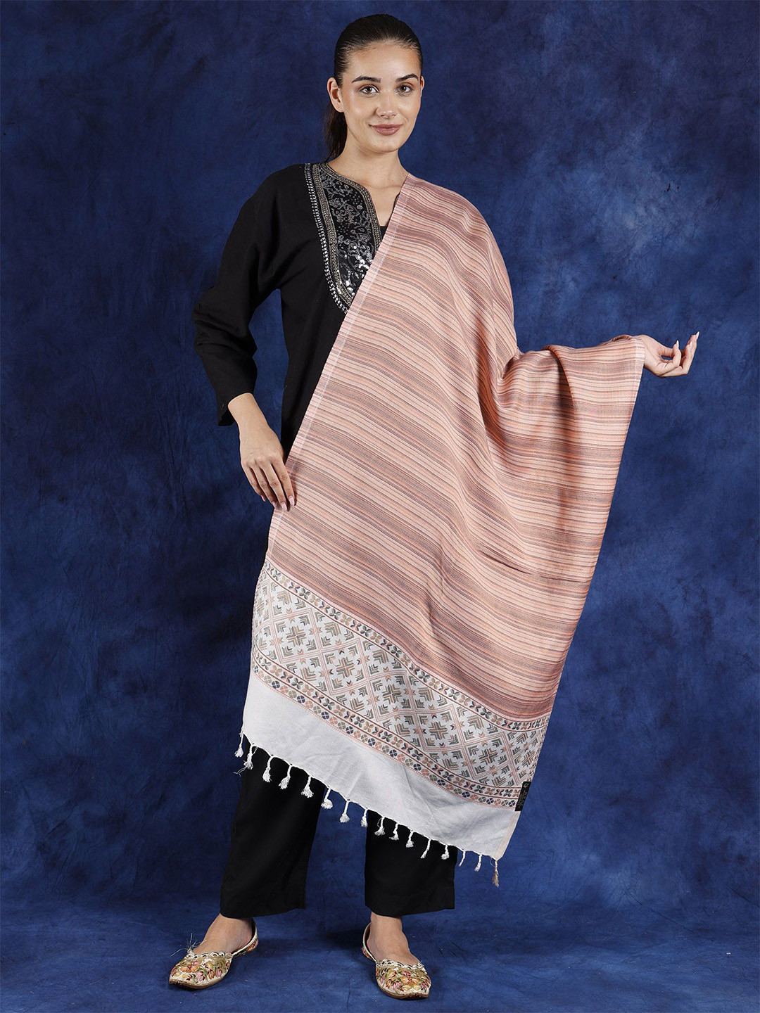 Exotic India Salmon Multicolor Stripe Pattern Stole with Woven Motifs