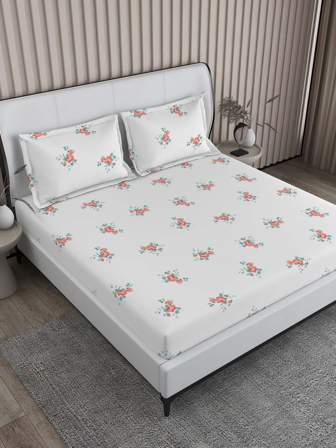 Boutique Living India Regent Park White & Red Printed 200 TC Cotton King Bedsheet Set