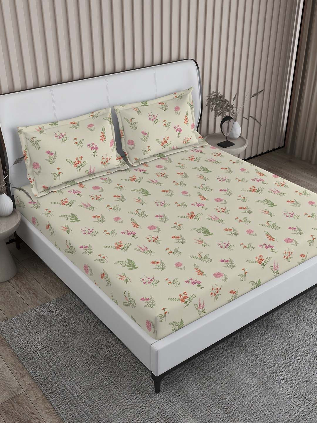 Boutique Living India Regent Park Pink & Green Printed 200 TC Cotton King Bedsheet Set