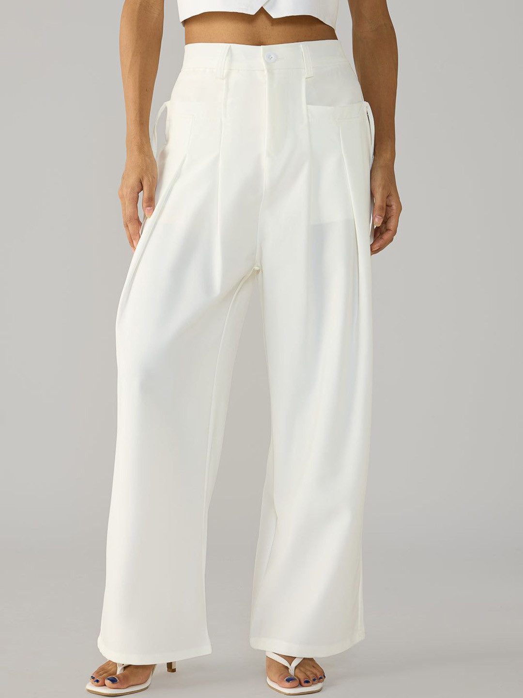FREAKINS White Wide Fit-Flat Pocket Korean Pants
