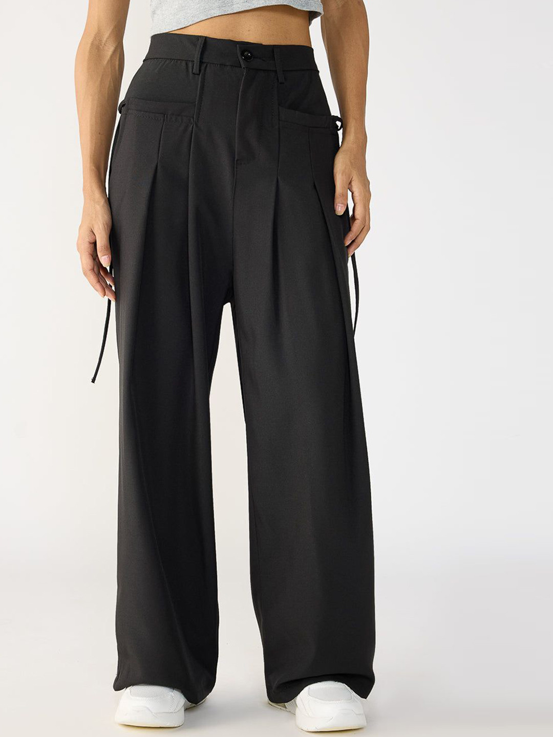FREAKINS Black Wide Flat Pocket Korean Pants