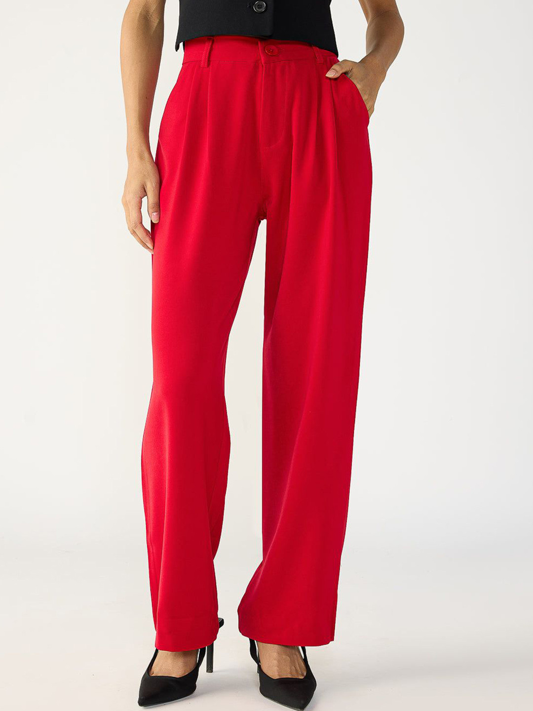 FREAKINS Scarlet Red Double Pleated Korean Pants