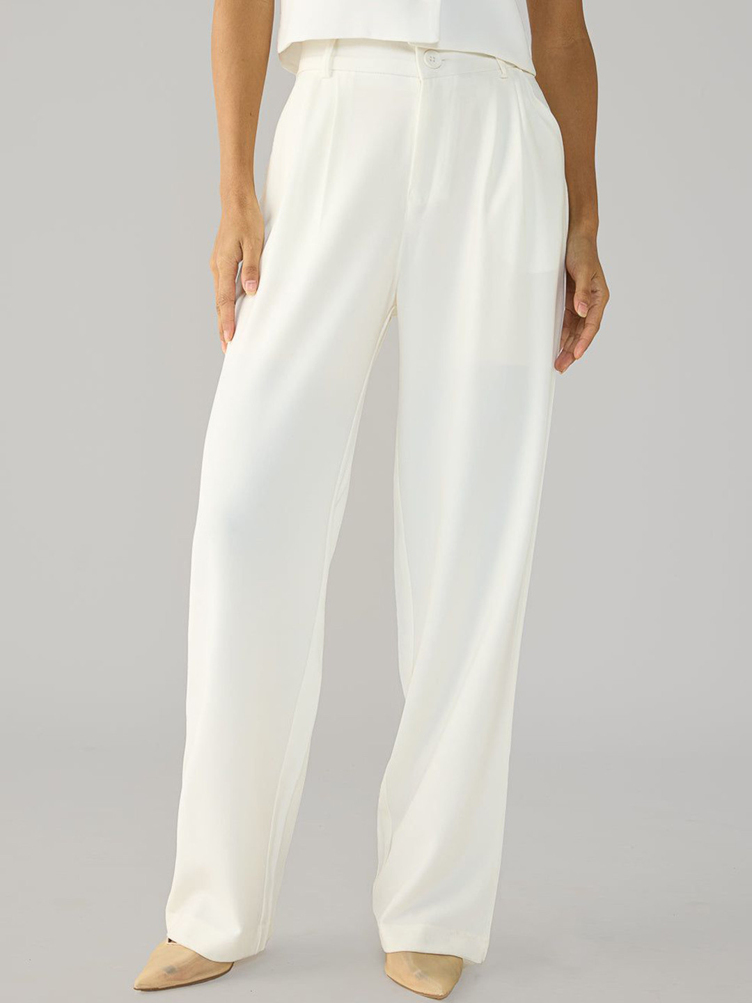 FREAKINS Off White Double Pleated Korean Pants