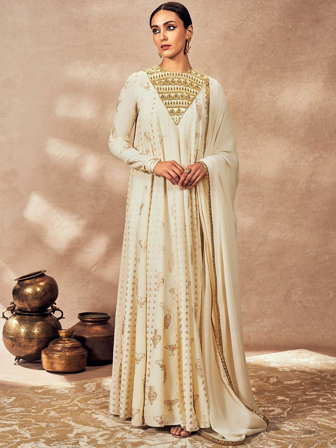 Masaba Ivory Potters Touch Ethnic Motifs Printed Silk Anarkali Kurta With Dupatta