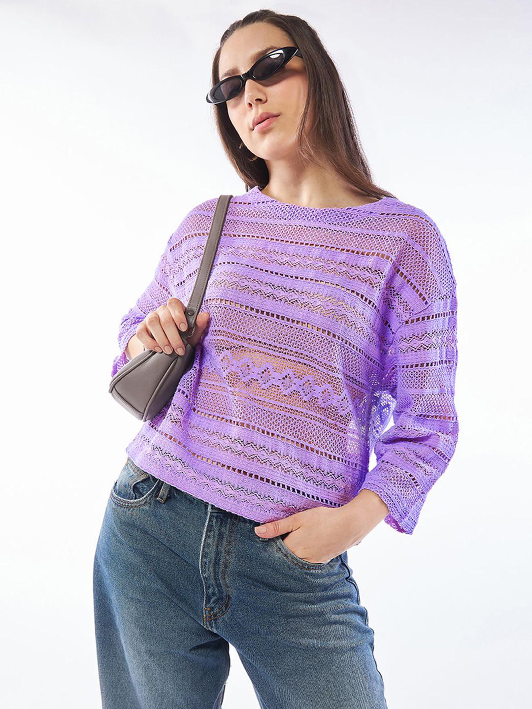 Bewakoof Women Round Neck Oversized Cotton Crochet Short Top