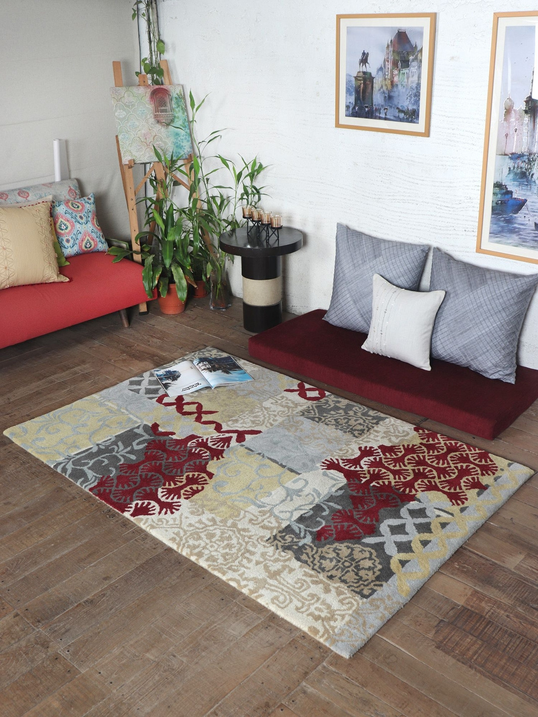 ZEBA Red & White Abstract Printed Rectangle Shaped Hand-Tufted Woollen Carpet