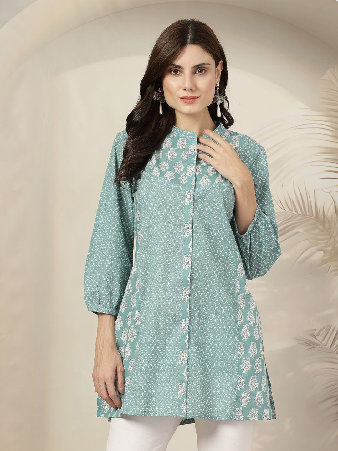 Nayam By Lakshita Women Printed Three-Quarter Sleeves Mandarin Collar Cotton Tunic