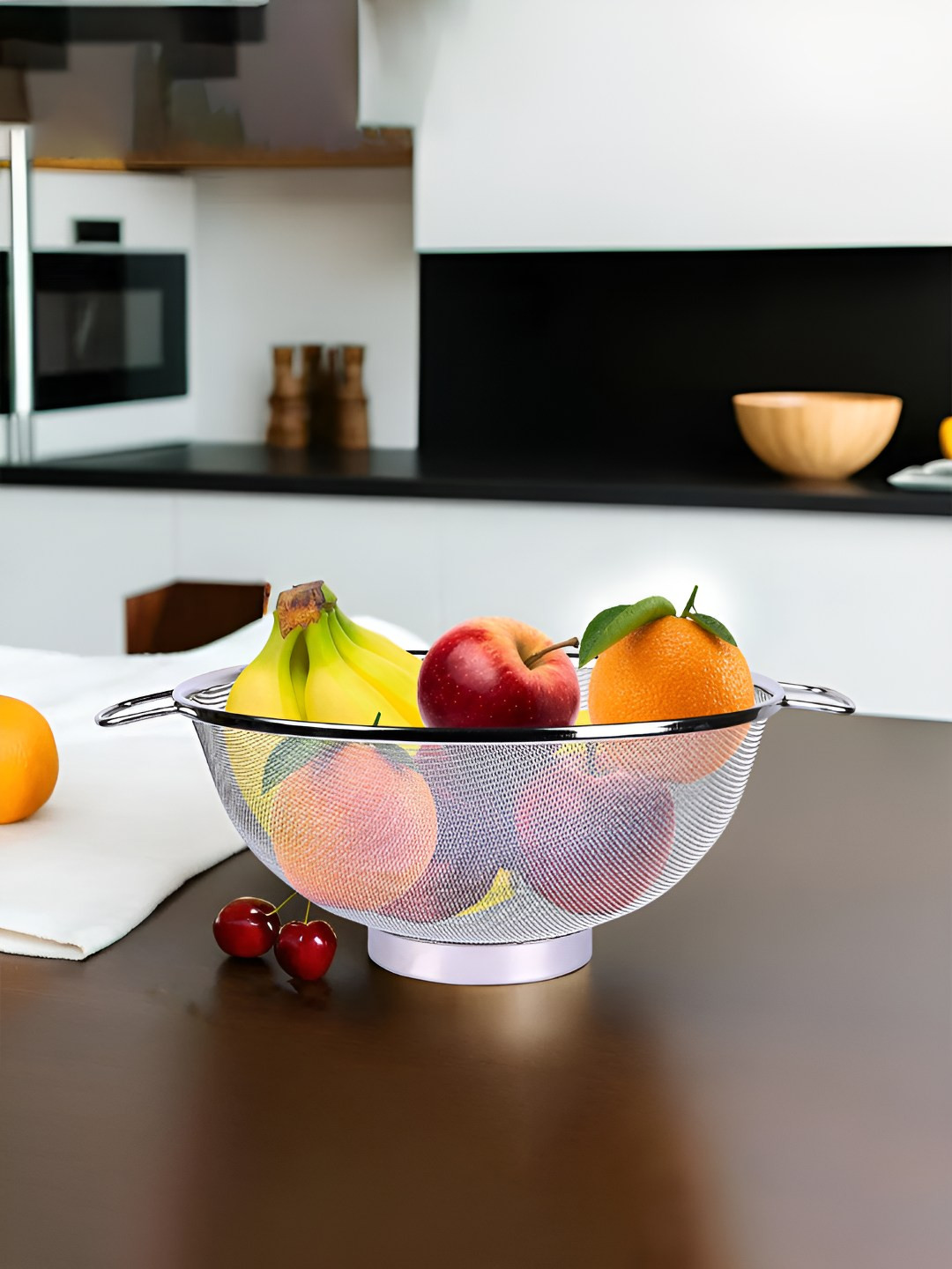 Kuber Industries Silver Toned Stainless Steel Mesh Fruit Basket With Handle