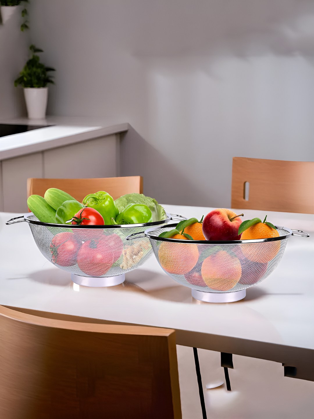 Kuber Industries Silver Toned 2 Pieces Stainless Steel Mesh Fruit Baskets With Handle