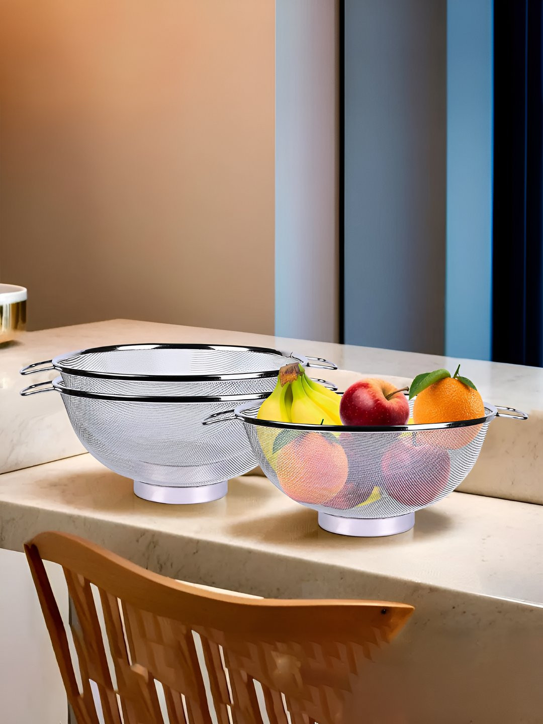 Kuber Industries Silver Toned 3 Pieces Stainless Steel Mesh Fruit Baskets With Handle