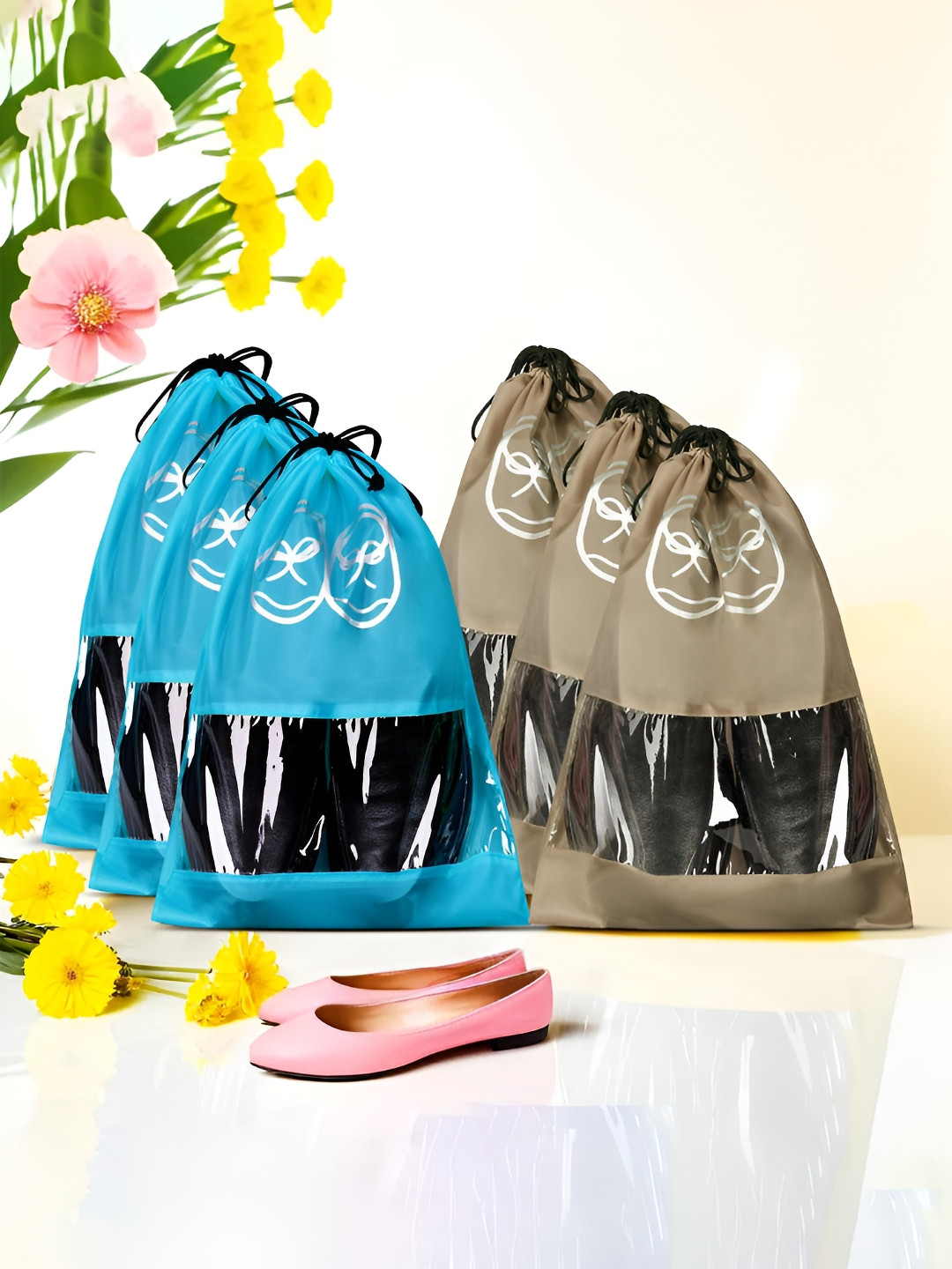 Kuber Industries Brown & Blue Set of 6 Shoe Cover Bags with Transparent Window