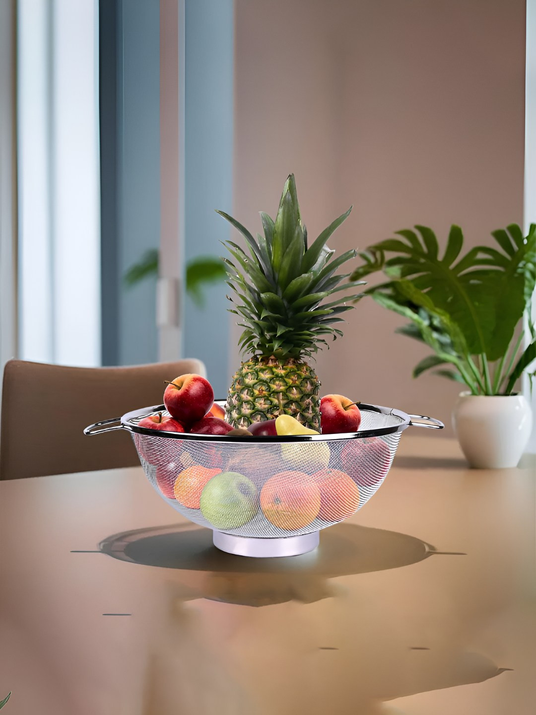 Kuber Industries Silver Toned Stainless Steel Mesh Fruit Basket With Handle