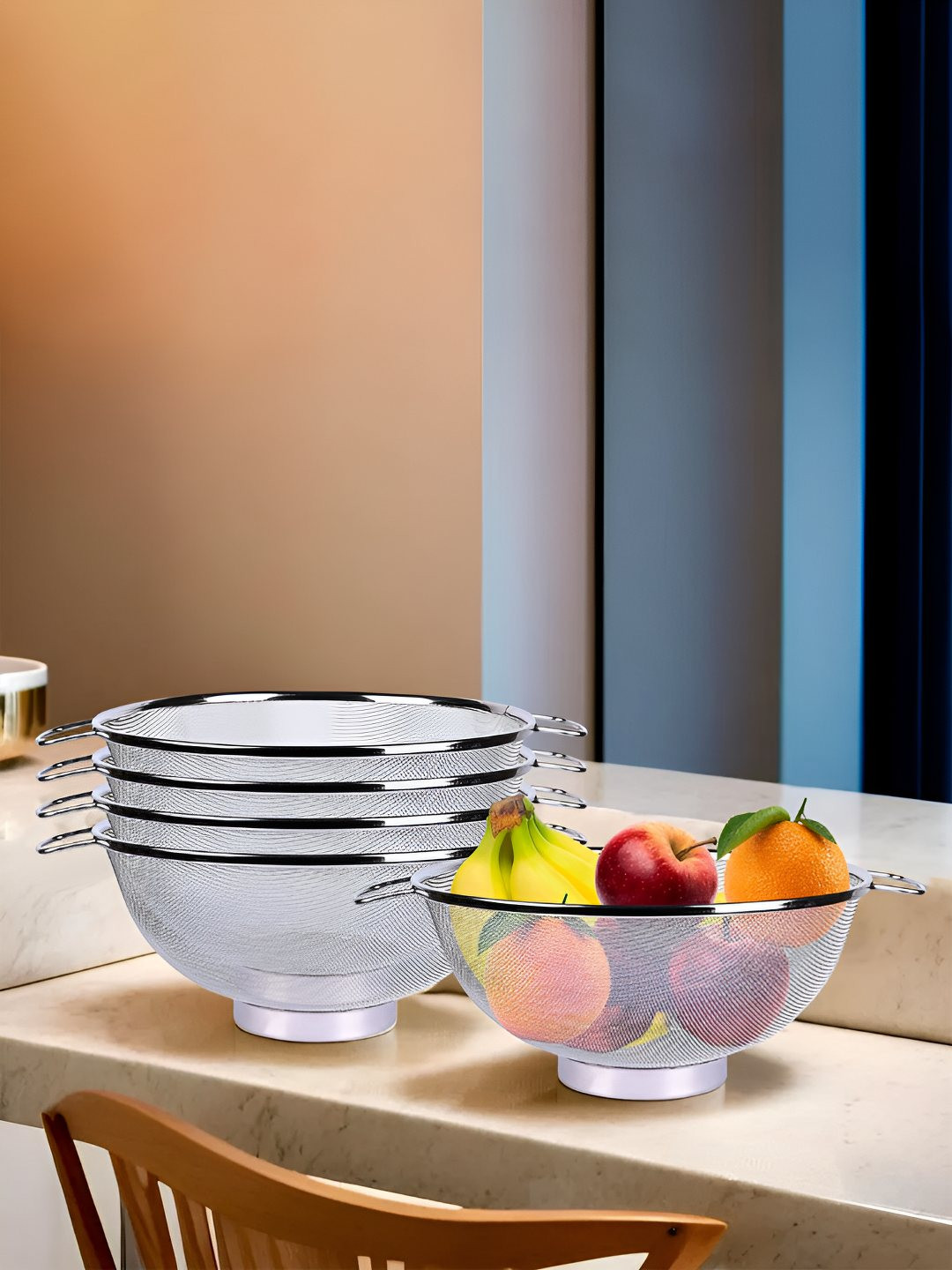 Kuber Industries Silver Toned 5 Pieces Stainless Steel Fruit Basket With Handle