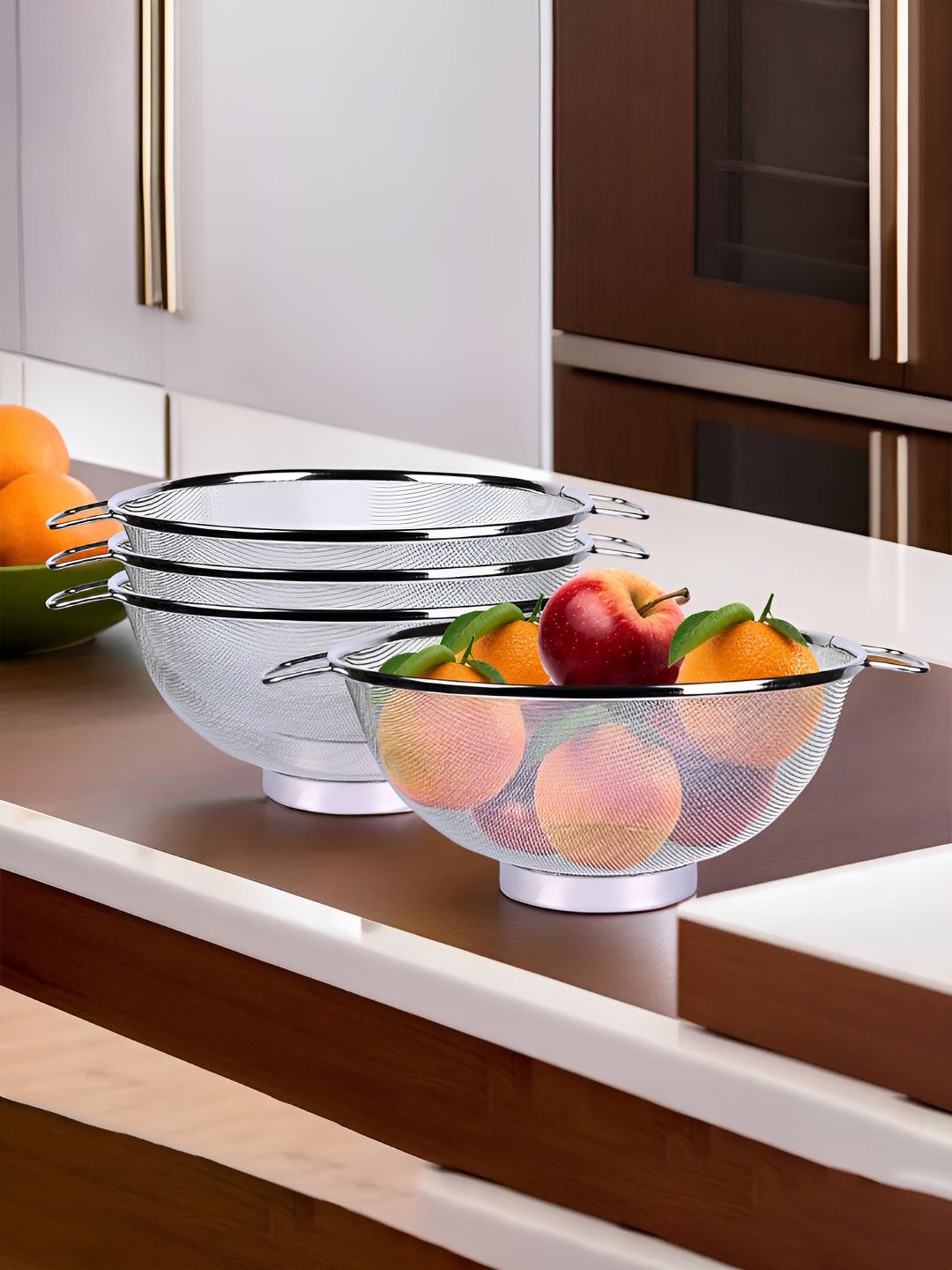 Kuber Industries Silver Toned 4 Pieces Stainless Steel Fruit Baskets With Handle