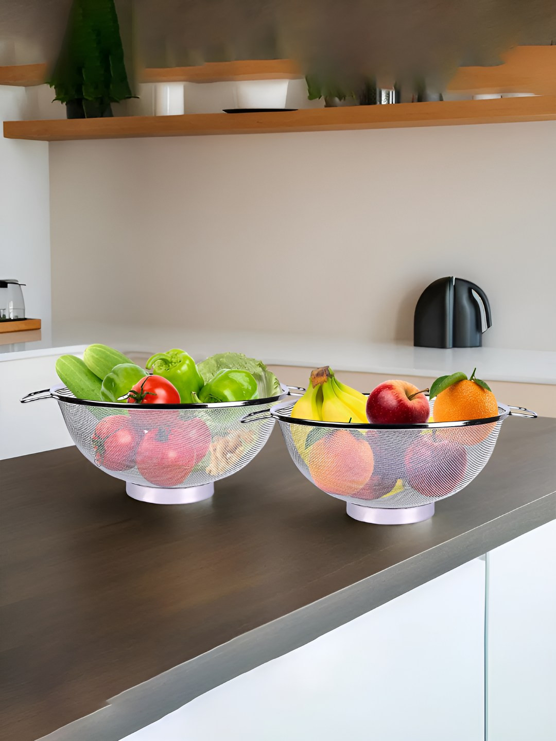 Kuber Industries Silver Toned 2  Pieces Stainless Steel Mesh Fruit Baskets With Handle
