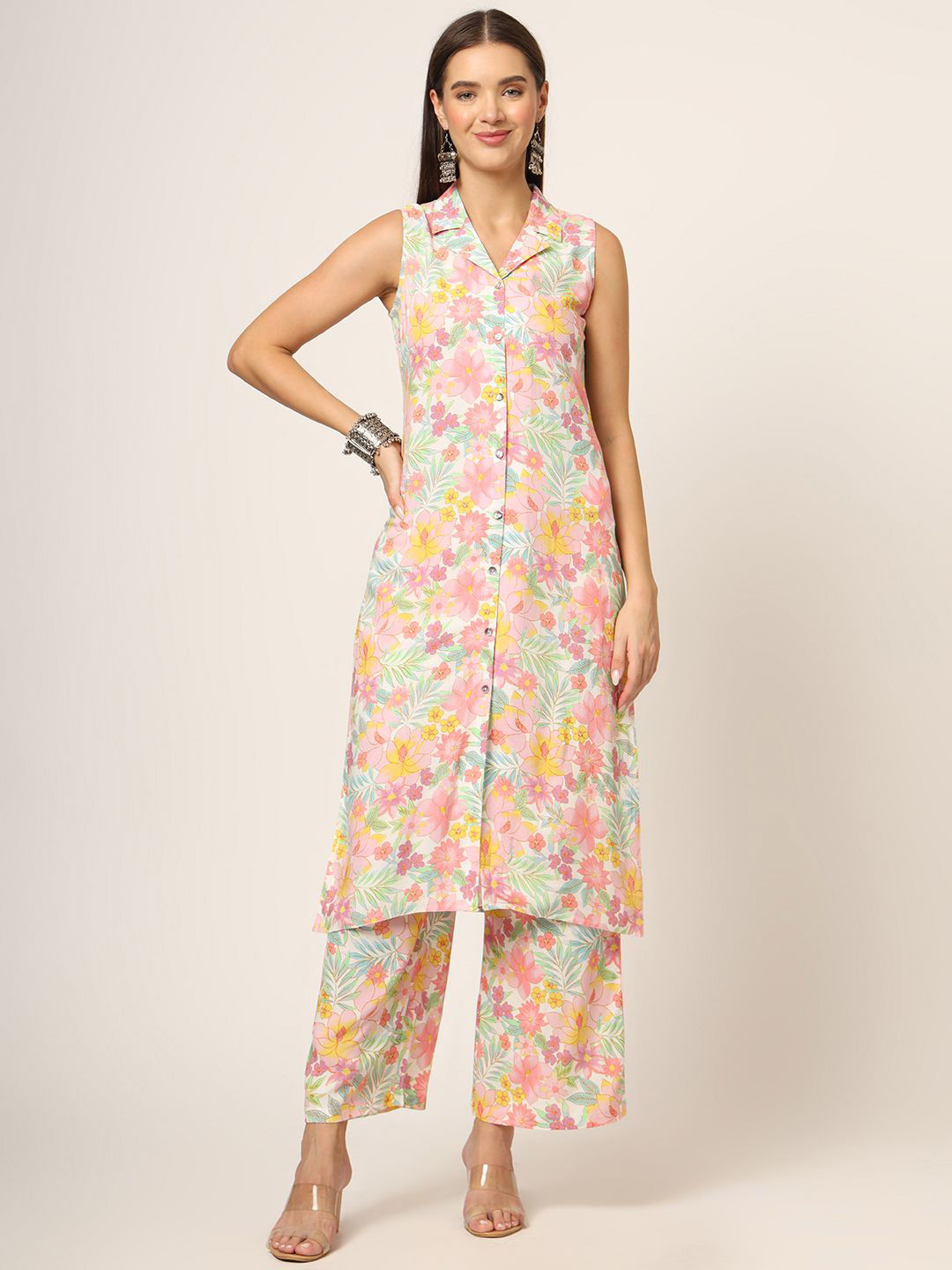 Divena Floral Printed Lapel Collar Sleeveless Straight Kurta With Trouser
