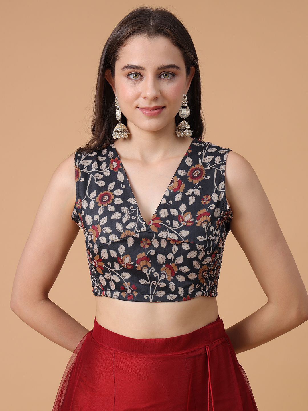 Frolic Rolic Silk Kalamkari Print Smoking Details V Neck Blouse