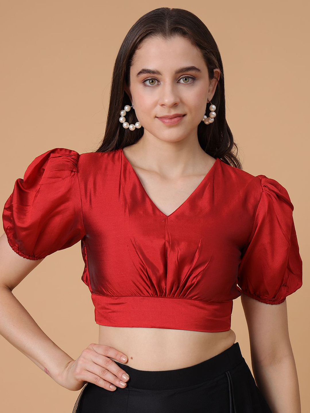 Frolic Rolic Maroon Silk Blend V-Neck Puff Sleeves Blouse